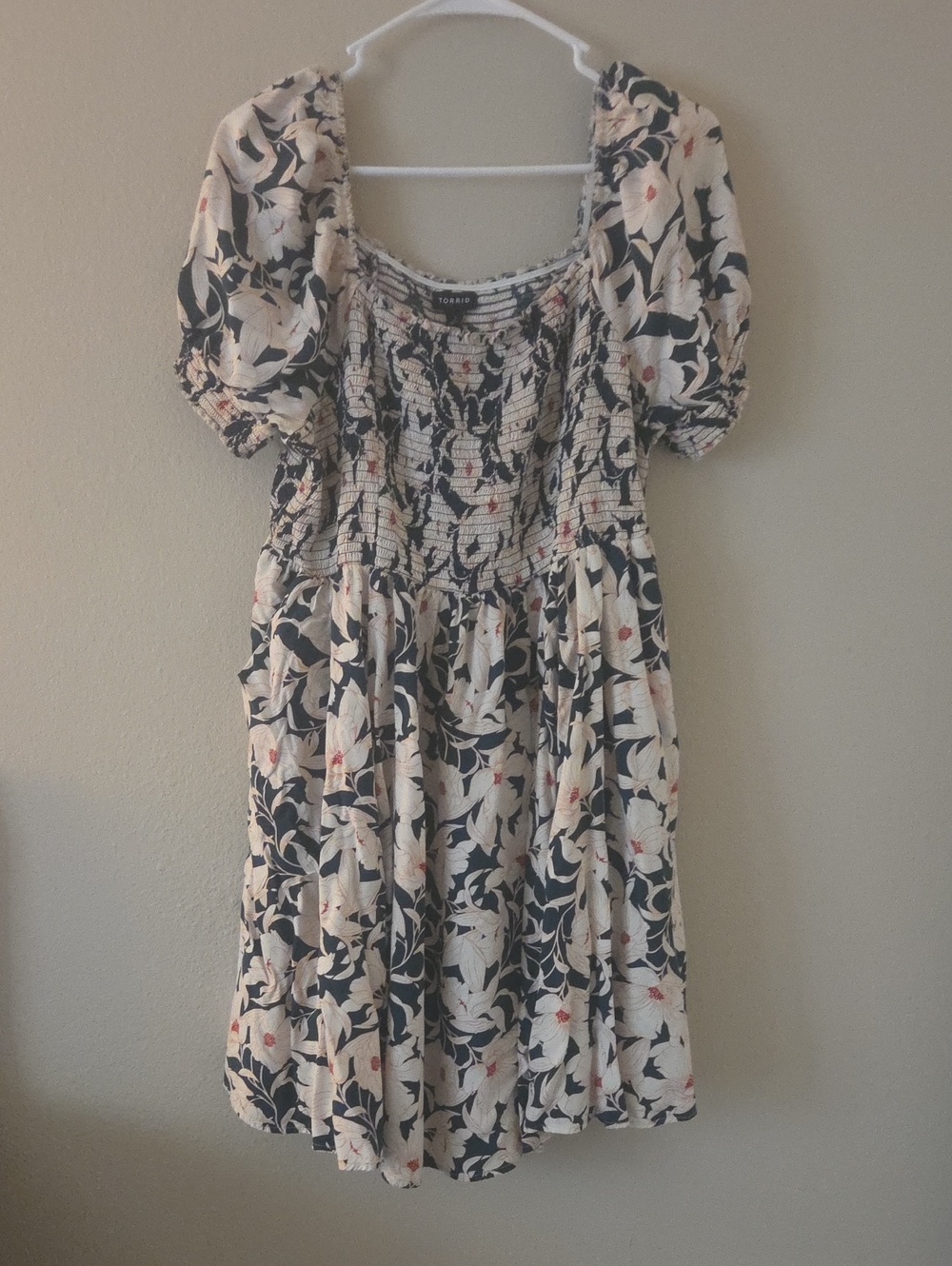 torrid Cream Floral Smocked Mini Dress with Green & Coral Accents